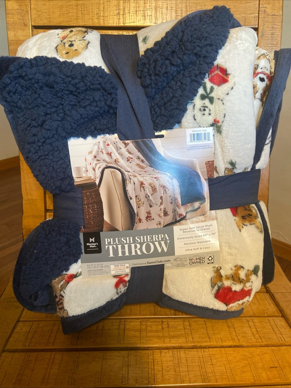 Dog print Christmas Plush Sherpa Throw Blanket - Navy and Cream
